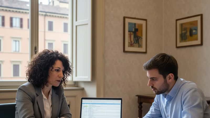 Consulente del lavoro italiana a Bologna che spiega tabelle retributive CCNL a un dipendente in sala riunioni
