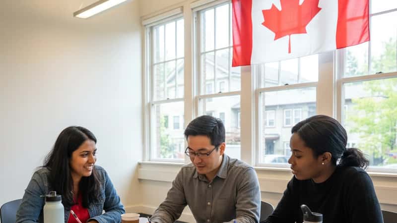 Groupe d'immigrants d'horizons divers examinant ensemble des formulaires du Programme des candidats des provinces dans un centre communautaire de Vancouver