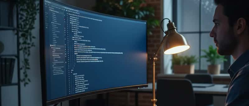 Mani che digitano codice Python su tastiera meccanica con server rack e LED blu sullo sfondo in un ufficio tech italiano