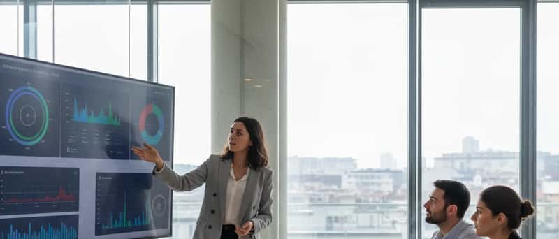 Esperta di cybersecurity italiana presenta una dashboard di sicurezza su grande schermo a colleghi in un ufficio moderno a Torino