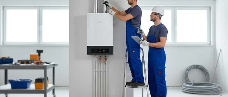 Zwei Handwerker installieren eine moderne Heizungsanlage im Keller eines Wohnhauses