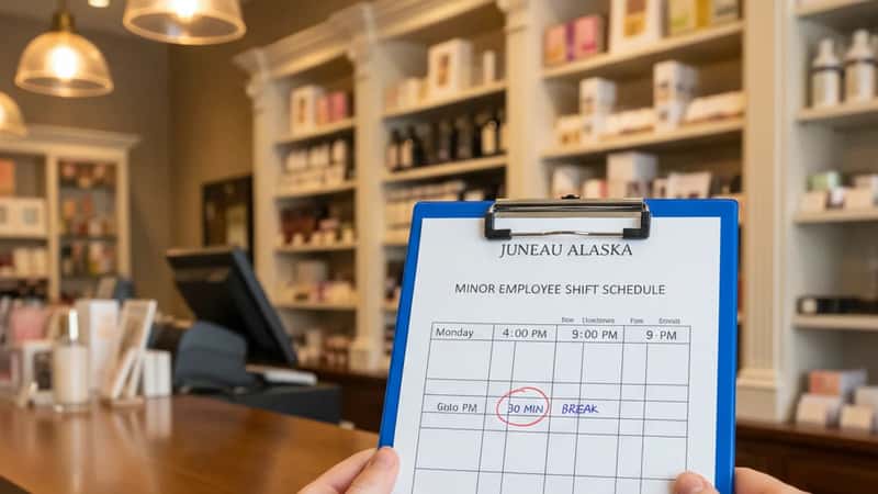 Minor employee time card on clipboard showing 5-hour shift with 30-minute break marked at Juneau retail counter