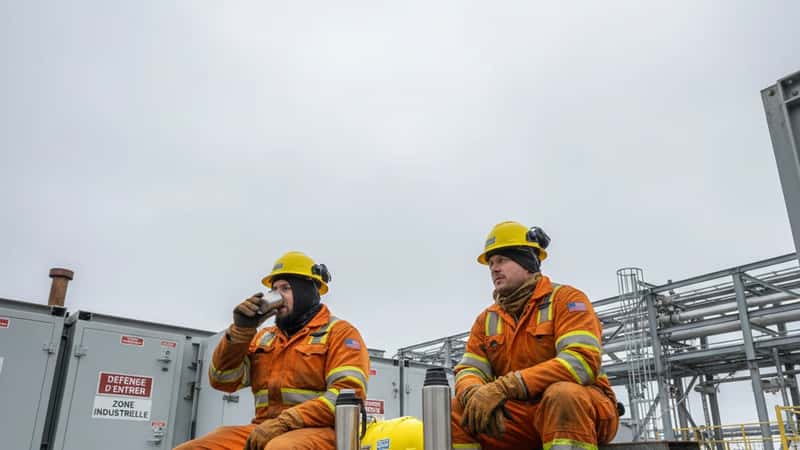 Two Alaska pipeline workers in safety gear sitting at North Slope break area with thermoses under overcast Arctic daylight