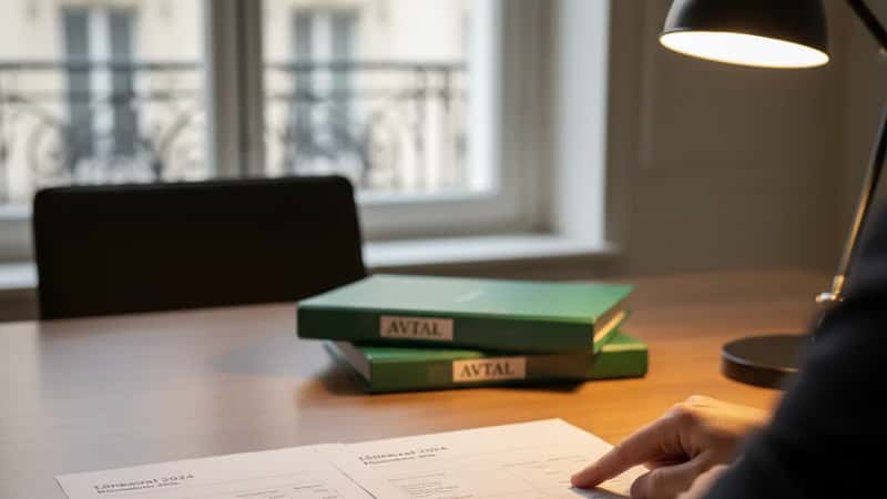 Två tryckta svenska kollektivavtal placerade sida vid sida på ett konferensbord, finger pekar på jämförbara procentsatser