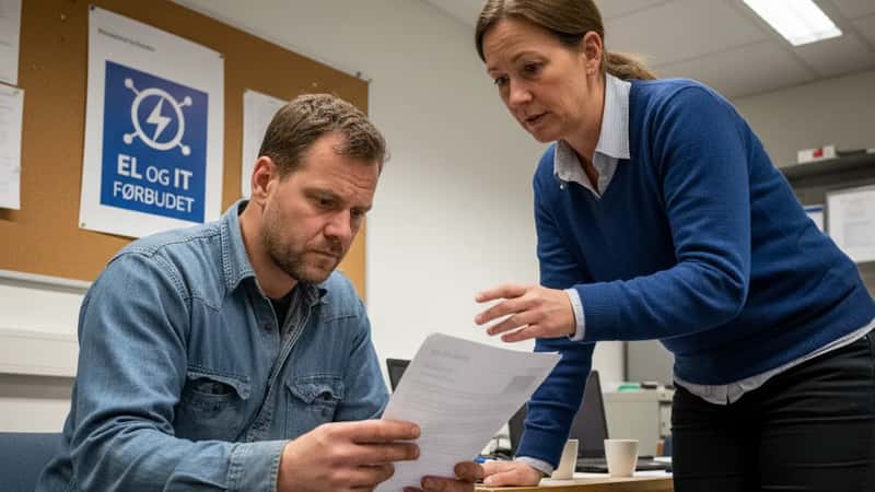 Tillitsvalgt og elektriker gjennomgår oppsigelse i fagforeningskontor i Trondheim
