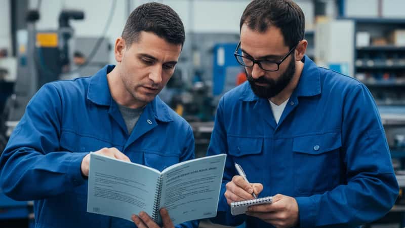 Due lavoratori metalmeccanici artigiani di Torino esaminano insieme un contratto collettivo su un bancone d'officina, strumenti di precisione attorno a loro