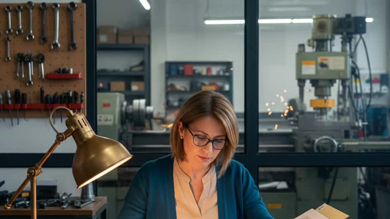 Responsabile HR di una PMI artigiana a Torino, seduta alla scrivania accanto alla finestra dell'officina, confronta due documenti CCNL con occhiali da lettura; luce calda della lampada