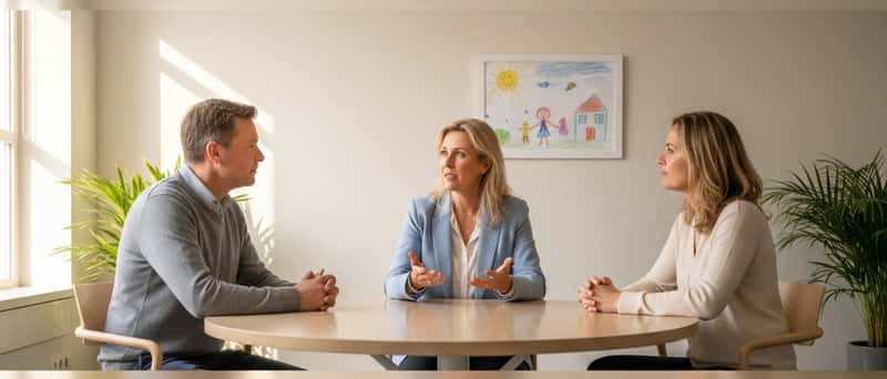 Familiemediator begeleidt een gesprek tussen twee ouders aan een ronde tafel