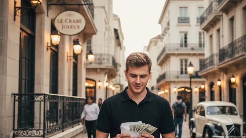 Young service worker checking final paycheck envelope outside Fort Lauderdale restaurant
