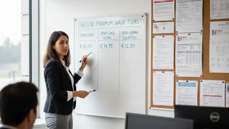 Oregon state employee explaining minimum wage tier regulations at a whiteboard in a Salem government office