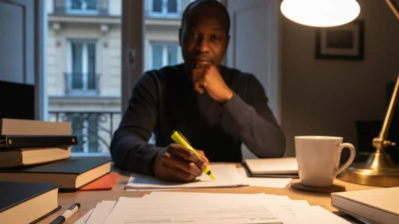 Oregon worker reviewing a BOLI compliance checklist at a home office desk in Eugene, Oregon, under warm desk lamp light
