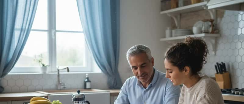 Père discutant avec une répétitrice autour d'un bulletin scolaire dans une cuisine française