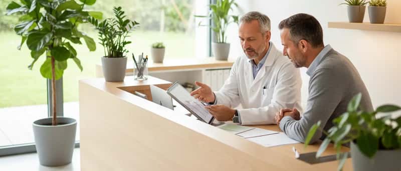 [Médecin généraliste](/fr/magazine/medecins/medecin-generaliste-autour-de-moi) français expliquant un bilan de santé à un patient dans un cabinet moderne