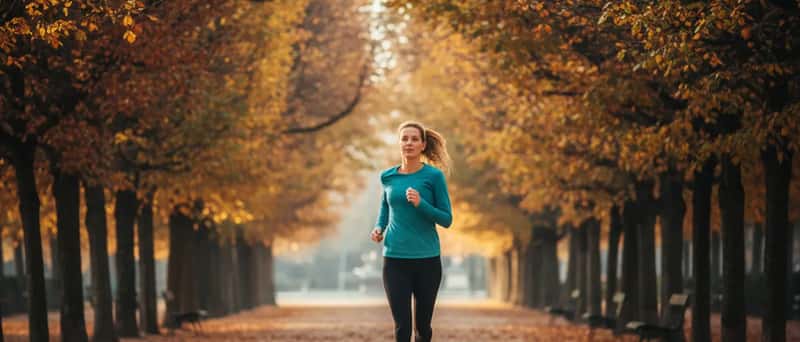 Personne faisant un jogging matinal dans un parc français avec des arbres et une lumière naturelle