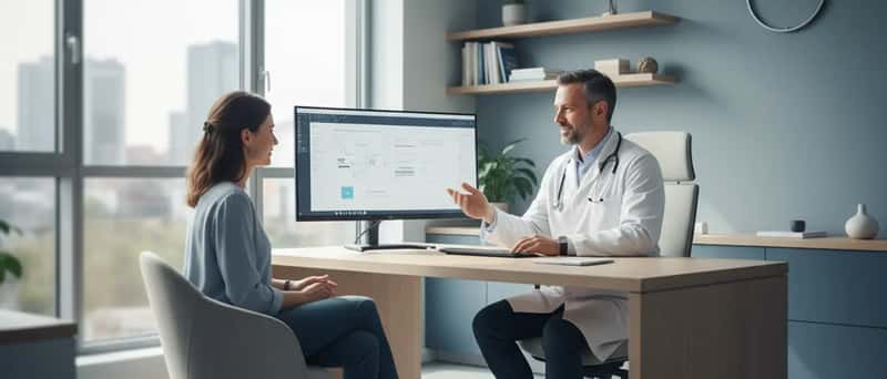 Médecin généraliste consultant un patient dans un cabinet médical moderne en France