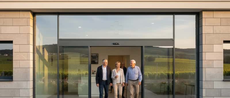 Façade d'une maison de santé pluriprofessionnelle en France avec des patients entrant dans le bâtiment