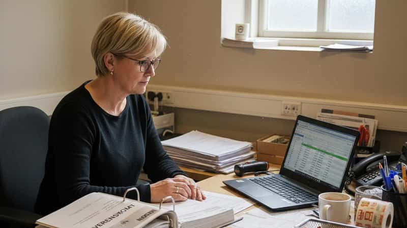 HR-ansvarlig gennemgår løndata og fritvalgslønkontoen i back-office på et supermarked i Aarhus