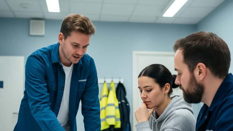 Tillidsmand hos HK/Handel forklarer overenskomstklausuler til kolleger i pauserum på lager i Odense