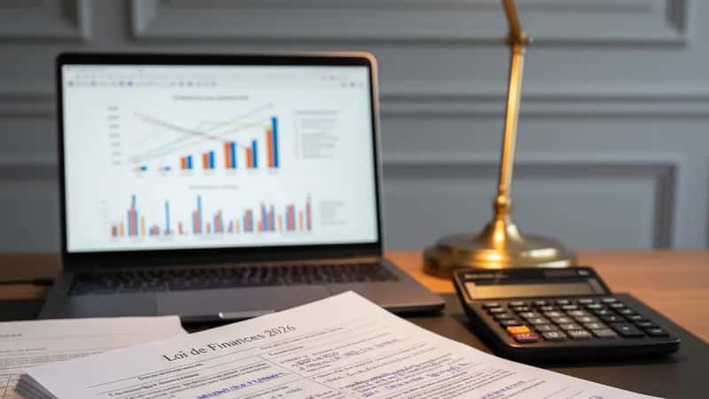 Dossier fiscal 2026 annoté avec calculatrice et graphiques sur un bureau d'avocat fiscaliste à Toulouse