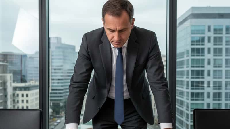 Homme d'affaires français en costume examinant une structure de holding sur des documents dans une salle de réunion moderne à Lyon
