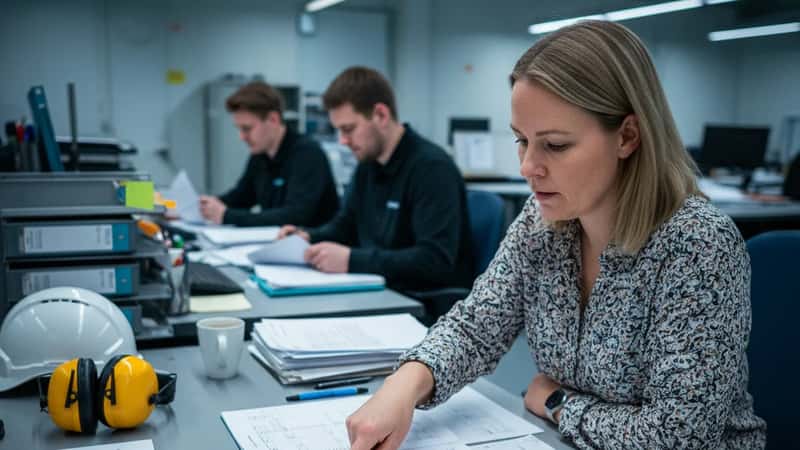 HR-leder i Trondheim industrianlegg peker på lønnsmatrise i tariffavtalen, kolleger i bakgrunnen