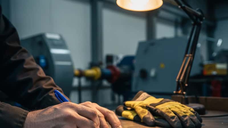 Hendene til en norsk industriarbeider i Stavanger som skriver notater i tariffavtale, sikkerhetshansker ved siden av, dokumenttekst synlig