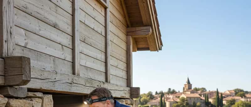 Profesjonell skadedyrbekjemper med hodelykt inspiserer krypkjeller under norsk bolig