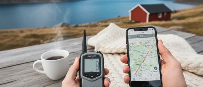 Nærbilde av hender som holder en GPS-sporingsenhet ved siden av en smarttelefon med kartapplikasjon
