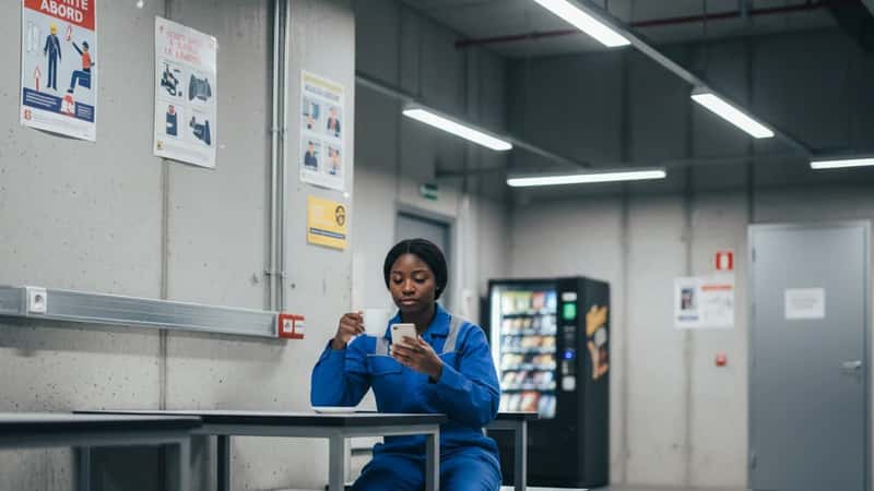 Missouri warehouse worker taking an informal break in a Kansas City factory break room, fluorescent lighting, candid moment