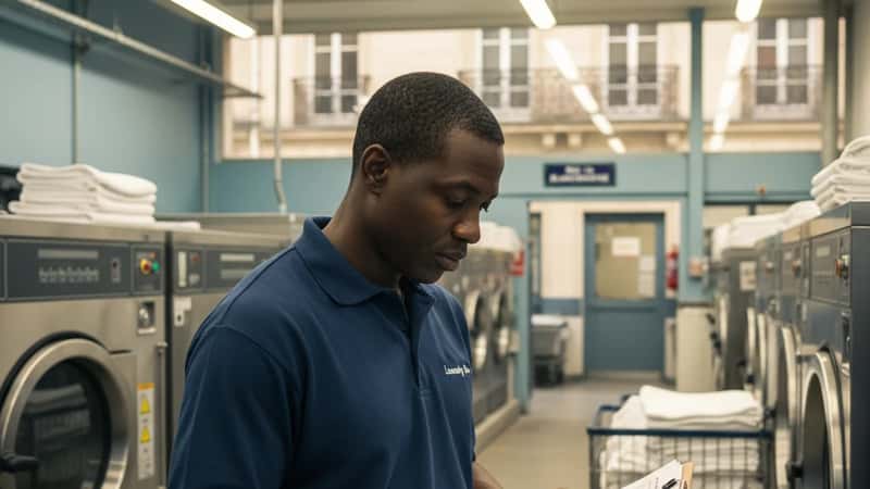 Commercial laundry manager in Macon, Georgia reviewing payroll records on a clipboard