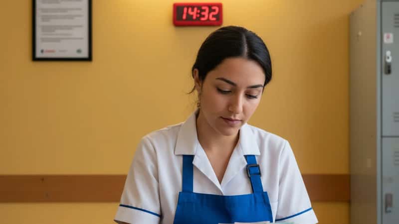 Hotel housekeeper in Savannah, Georgia calculating wages from a pay stub in a break room