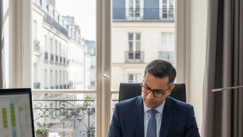 South Asian male HR director in New Jersey office reviewing sick leave policy document at his desk