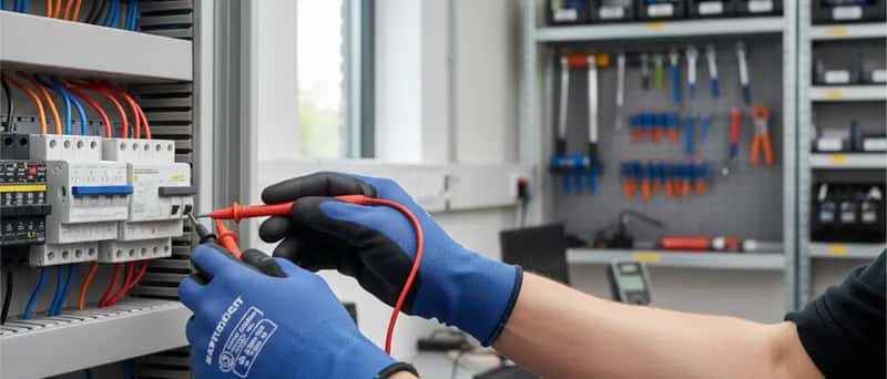 Elektromonteur aan het werk aan een schakelkast met multimeter in een Nederlandse werkplaats