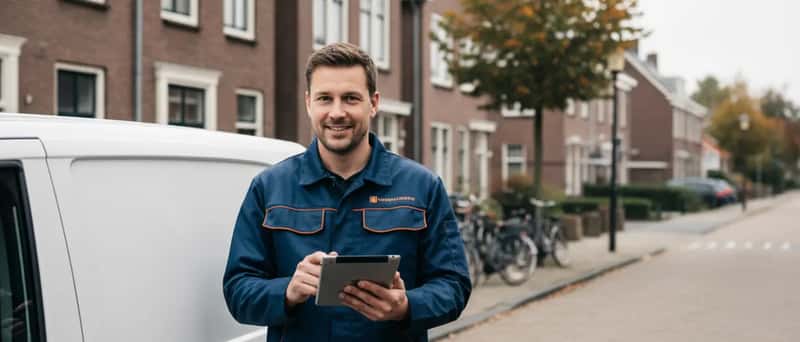 Servicemonteur met tablet naast zijn servicebus in een Nederlandse woonwijk
