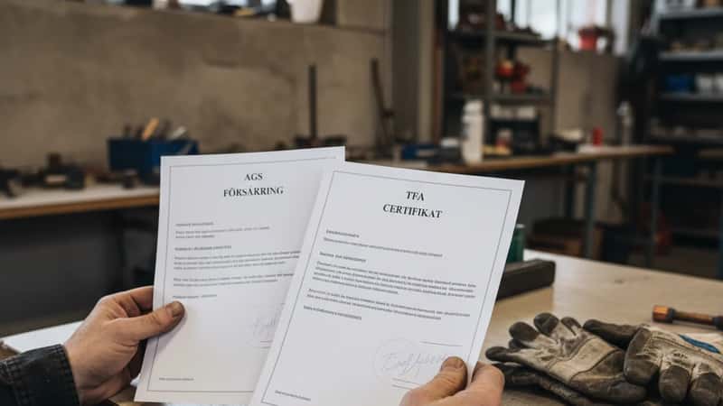 VVS-montörens händer håller AGS- och TFA-försäkringsdokument vid ett rast bord i Örebro