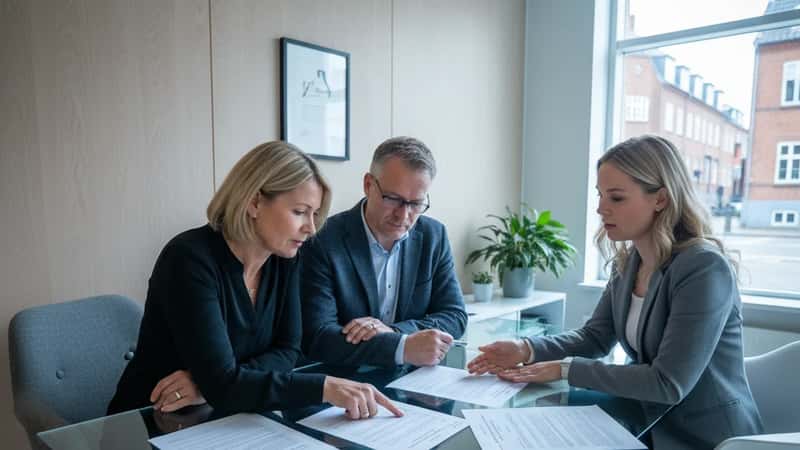 Et dansk par i 50'erne gennemgår pensionsopgørelser med en finansiel rådgiver i et moderne kontor i Aarhus