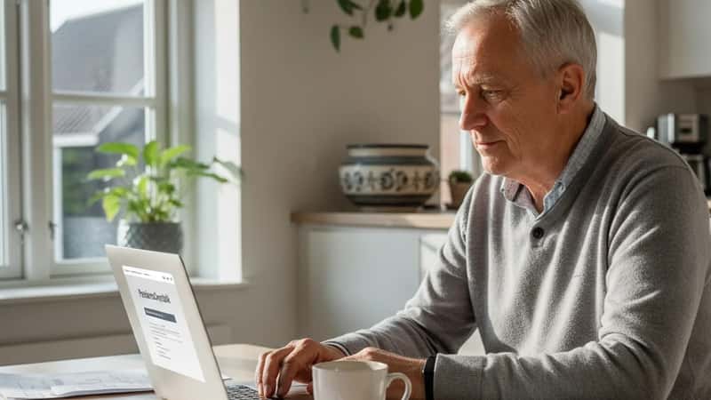 En dansk mand i 60'erne bruger sin bærbar computer ved køkkenbordet i sit hjem i Odense for at tjekke sin pensionsoversigt online