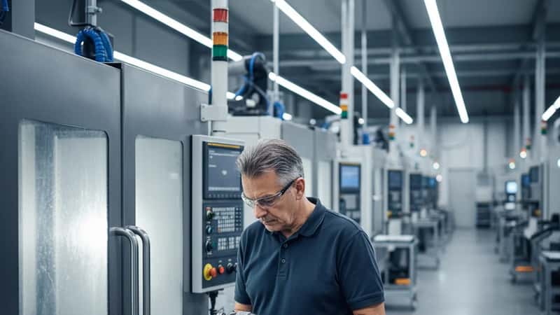 Technicien suisse inspectant une pièce de précision sur une machine CNC dans une usine valaisanne