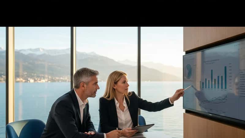 Professionnels suisses analysant des données industrielles dans un bureau moderne à Genève avec vue sur le lac