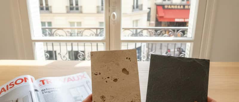 Mains comparant deux échantillons de carrelage au-dessus d'un plan de salle de bain
