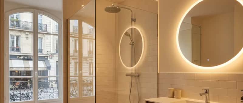 Salle de bain rénovée avec douche à l'italienne, carrelage hexagonal terracotta et meuble vasque suspendu