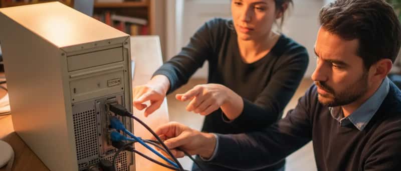 Mains vérifiant les câbles derrière une tour d'ordinateur dans un bureau à domicile français