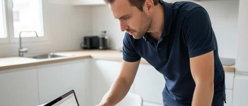 Technicien informatique examinant un ordinateur portable chez un client dans un appartement français