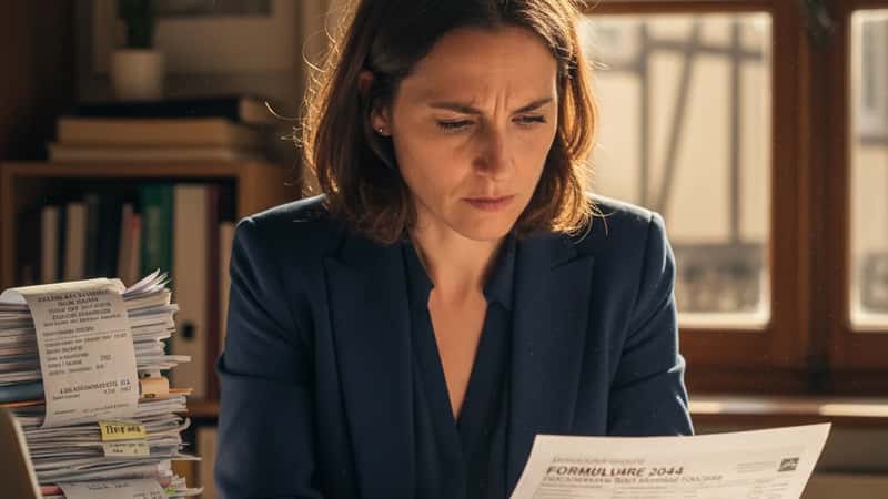 Conseillère en gestion de patrimoine examinant des déclarations fiscales et factures de travaux dans un bureau strasbourgeois