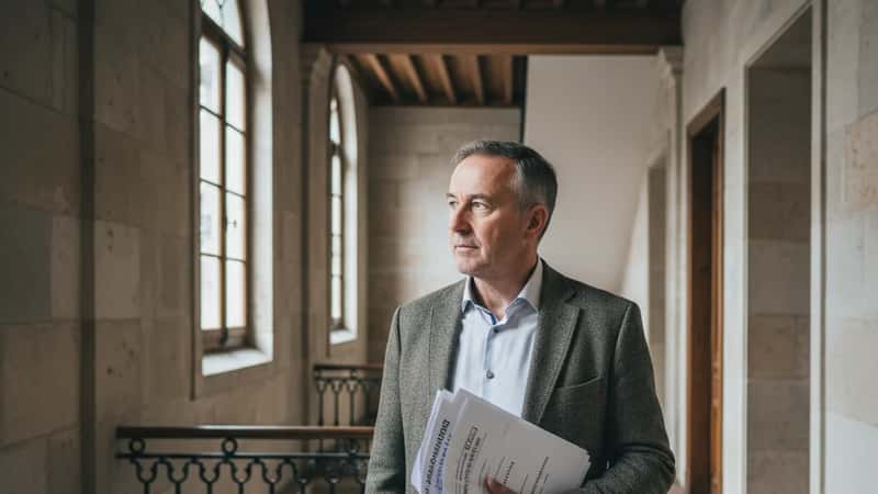 Propriétaire bailleur consultant ses factures de travaux dans le couloir d'un immeuble alsacien à Strasbourg