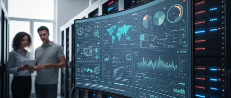 Dashboard di cybersicurezza su monitor in una sala server aziendale italiana con grafici di rete