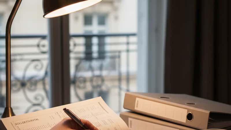 Sidor ur Gröna Riksavtalet med markeringar av lönebelopp — HR-professionell granskar avtalstext i hotell-pausrum i Stockholm