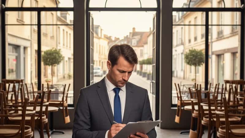 Restaurangchef i Uppsala granskar personalschema vid restaurangentrén — tidig morgon, tomt matsalsrum, stolar på borden