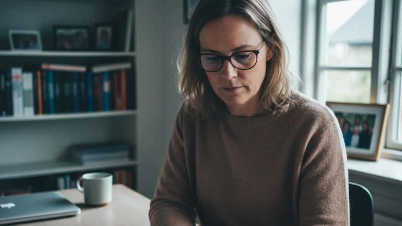 Dansk statsansat i 40erne gennemgår pensionsoversigt på tablet i hjemmekontor i Slagelse i naturligt nordlys