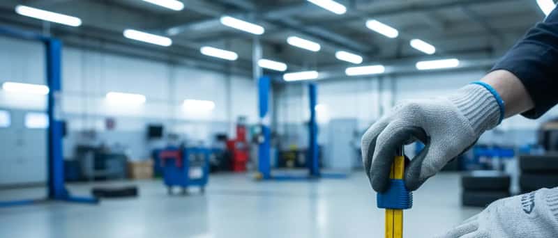 Mekaanikko tarkistaa talvirenkaan urasyvyyttä mittarilla suomalaisessa autokorjaamossa